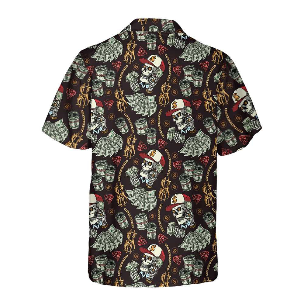 Skull And Dollars Seamless Pattern With Gold Chains Hawaiian Shirt Short Sleeve Money Shirt Aloha Shirt For Men and Women