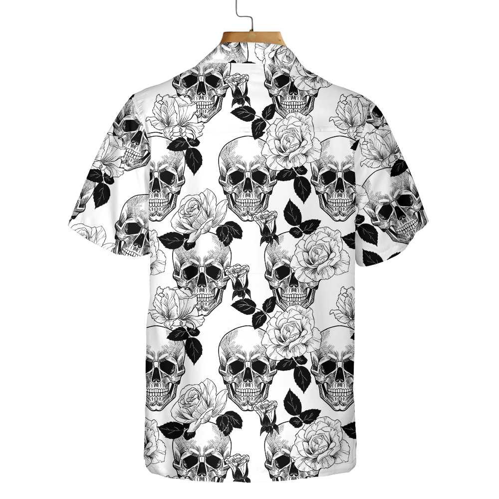 Black And White Skull Roses Hawaiian Shirt Seamless Pattern Skull Shirt Aloha Shirt For Men and Women