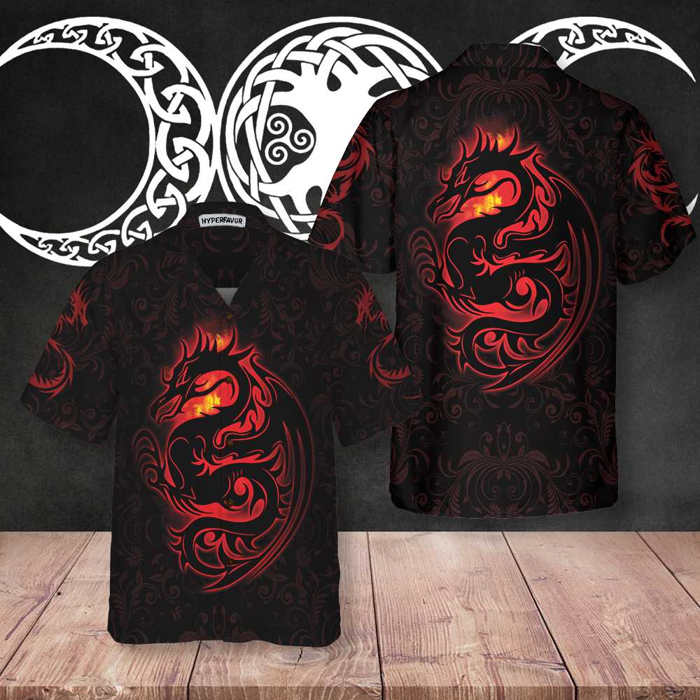 Dragon Tribal Tattoo Art Hawaiian Shirt Cool Red Dragon Black Shirt Aloha Shirt For Men and Women