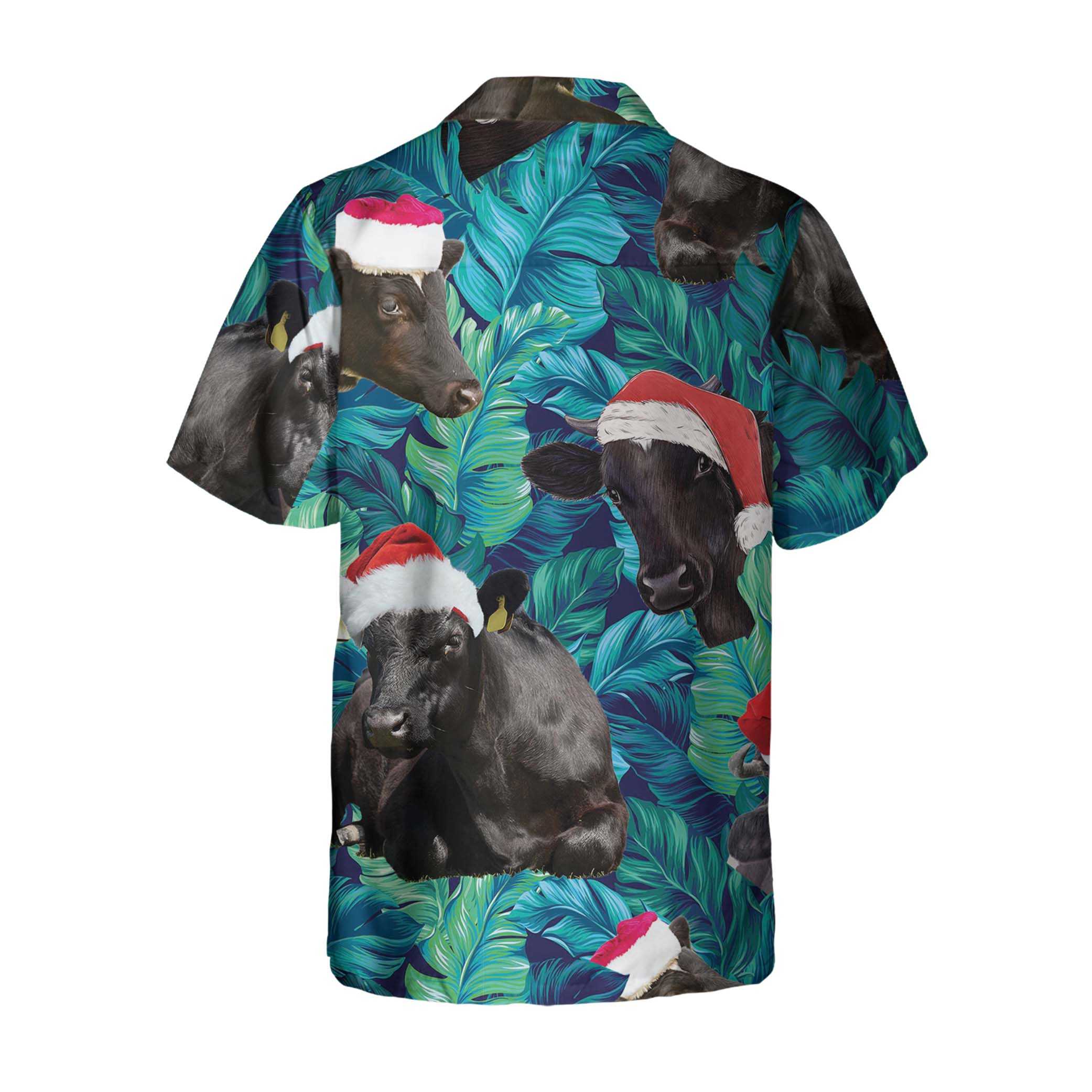 Cows Black Cattle Wear Santa Hat Hawaiian Shirt Tropical Leaves Pattern Christmas Shirt Best Gift For Christmas Aloha Shirt For Men and Women