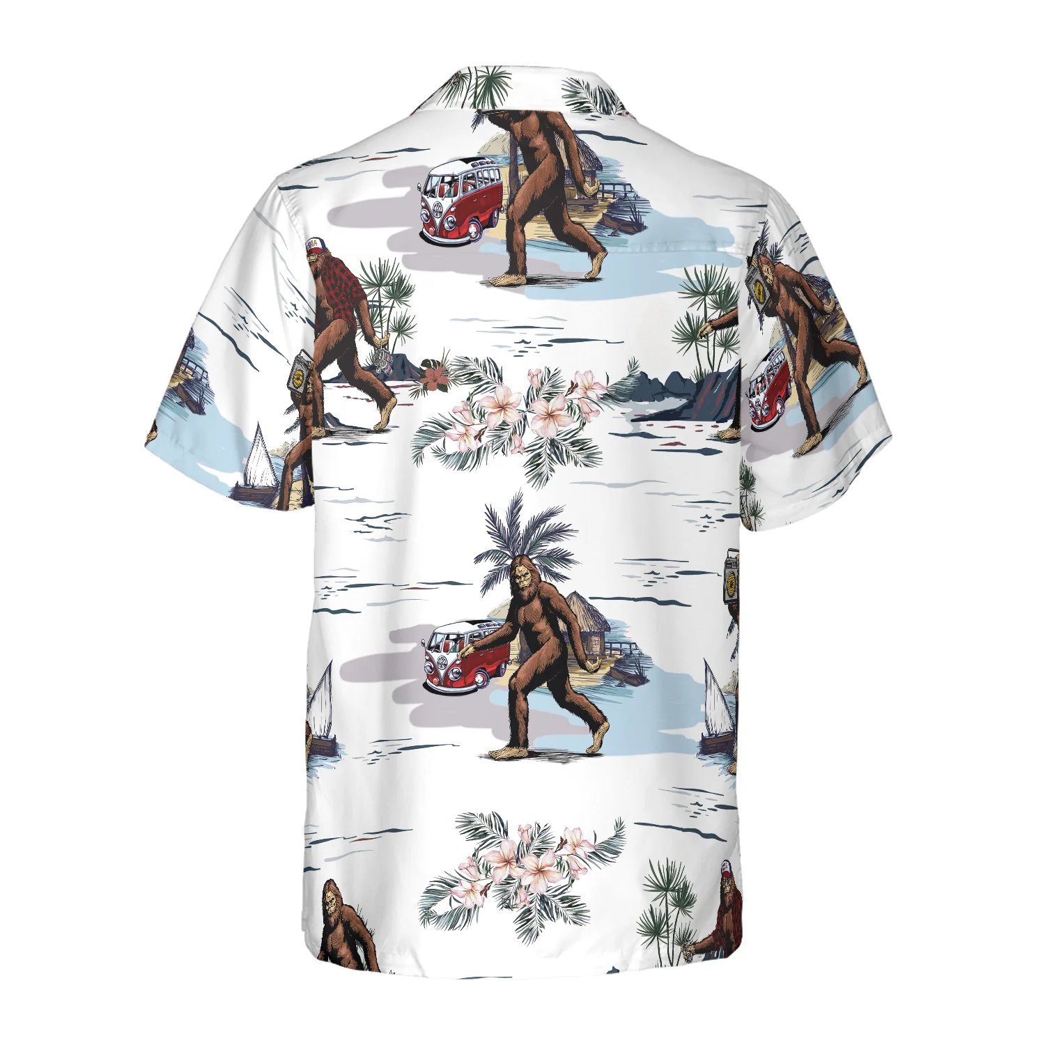 Bigfoots Are Ready For Summer Bigfoot Hawaiian Shirt White Tropical Floral Bus Trip Bigfoot Shirt Aloha Shirt For Men and Women