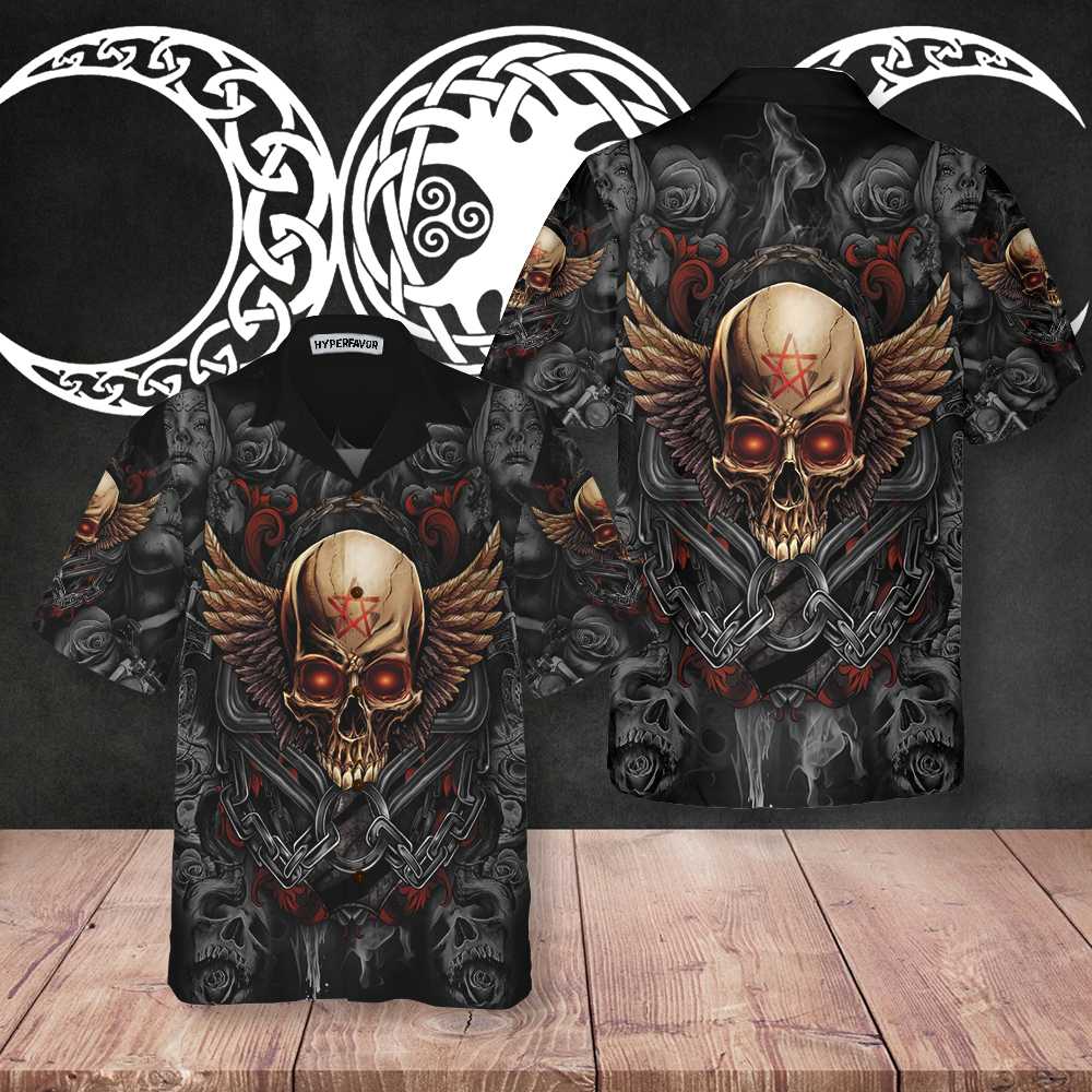 Gothic Skull Biker Hawaiian Shirt Pentagrama Skull Goth Shirt Aloha Shirt For Men and Women