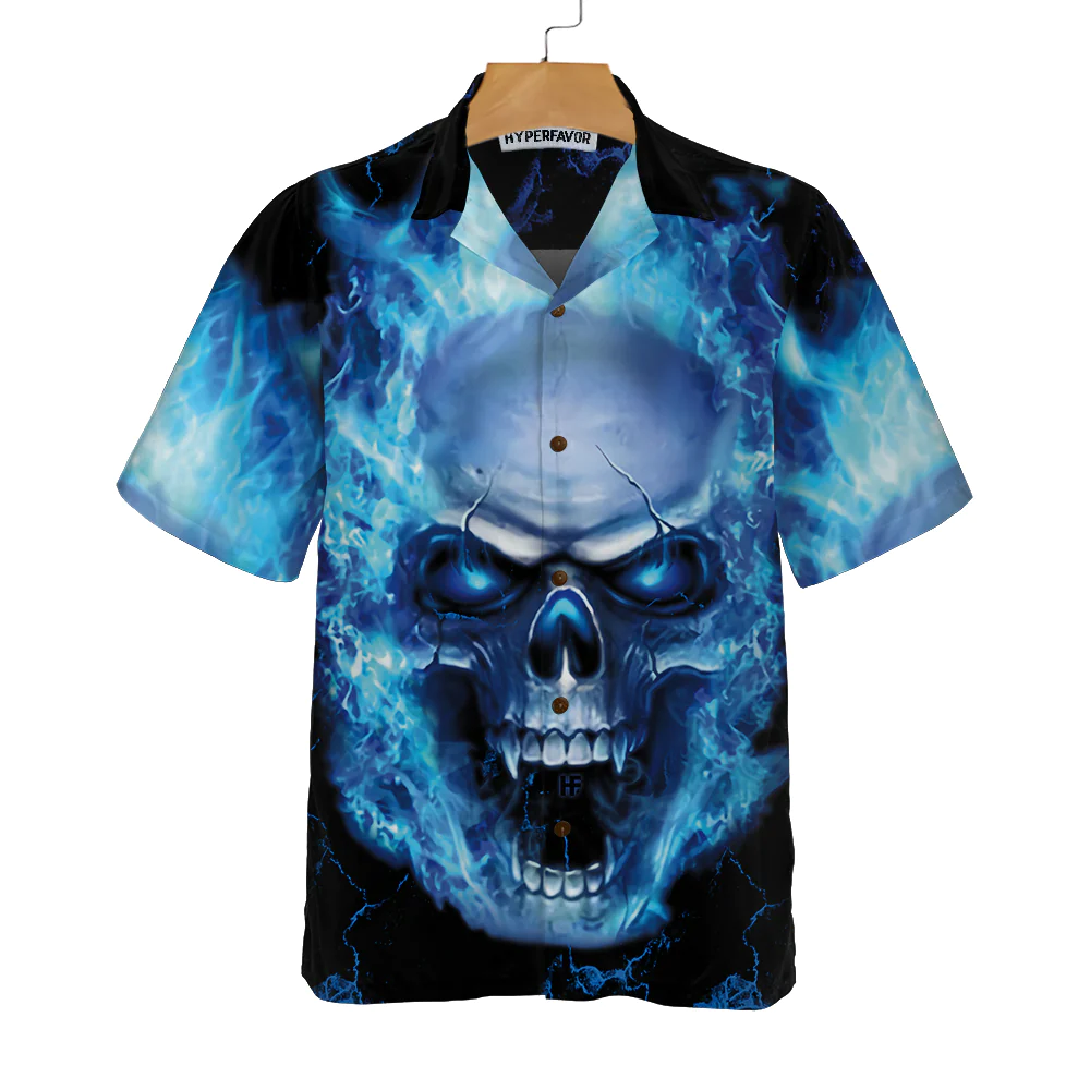 Blue Neon Skull Flame Hawaiian Shirt 3D Blue Fire Skull Shirt Aloha Shirt For Men and Women