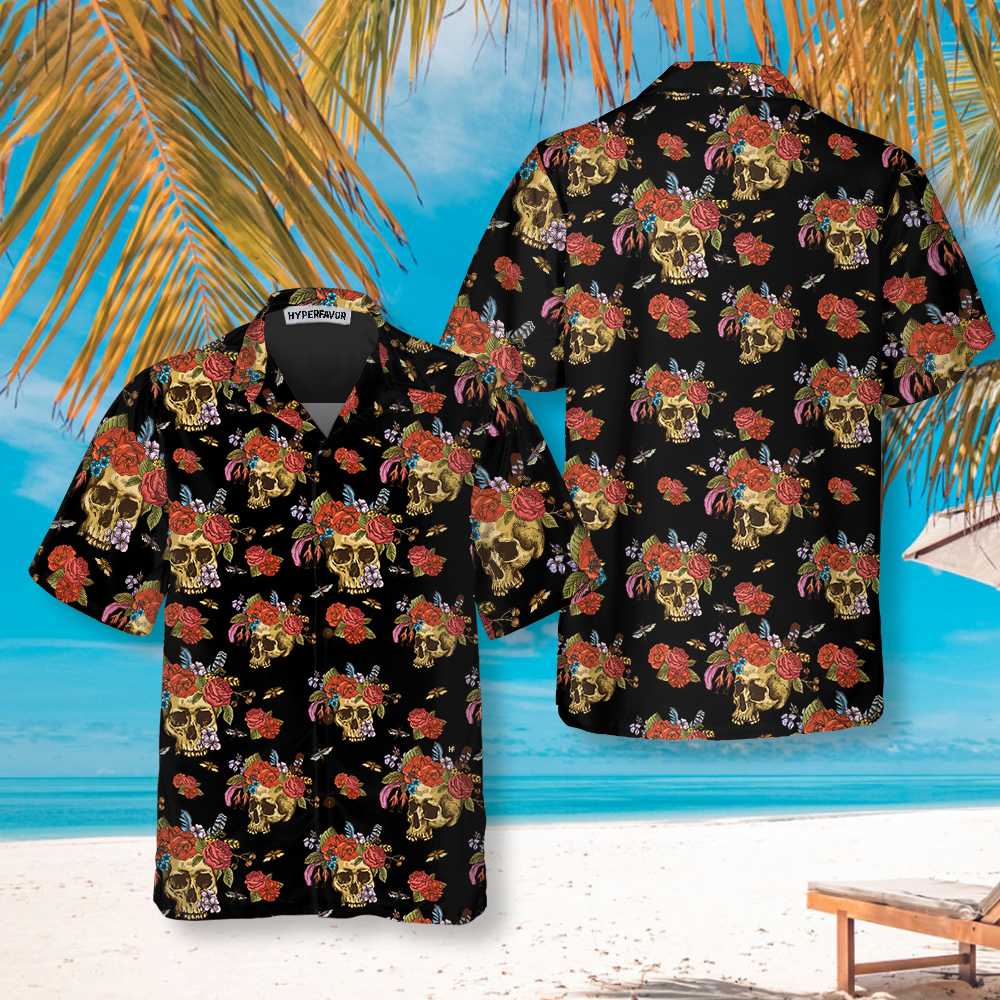 Skulls  Flowers Day Of The Dead Hawaiian Shirt Vintage Skull And Red Roses Shirt Day Of The Dead Gift Aloha Shirt For Men and Women