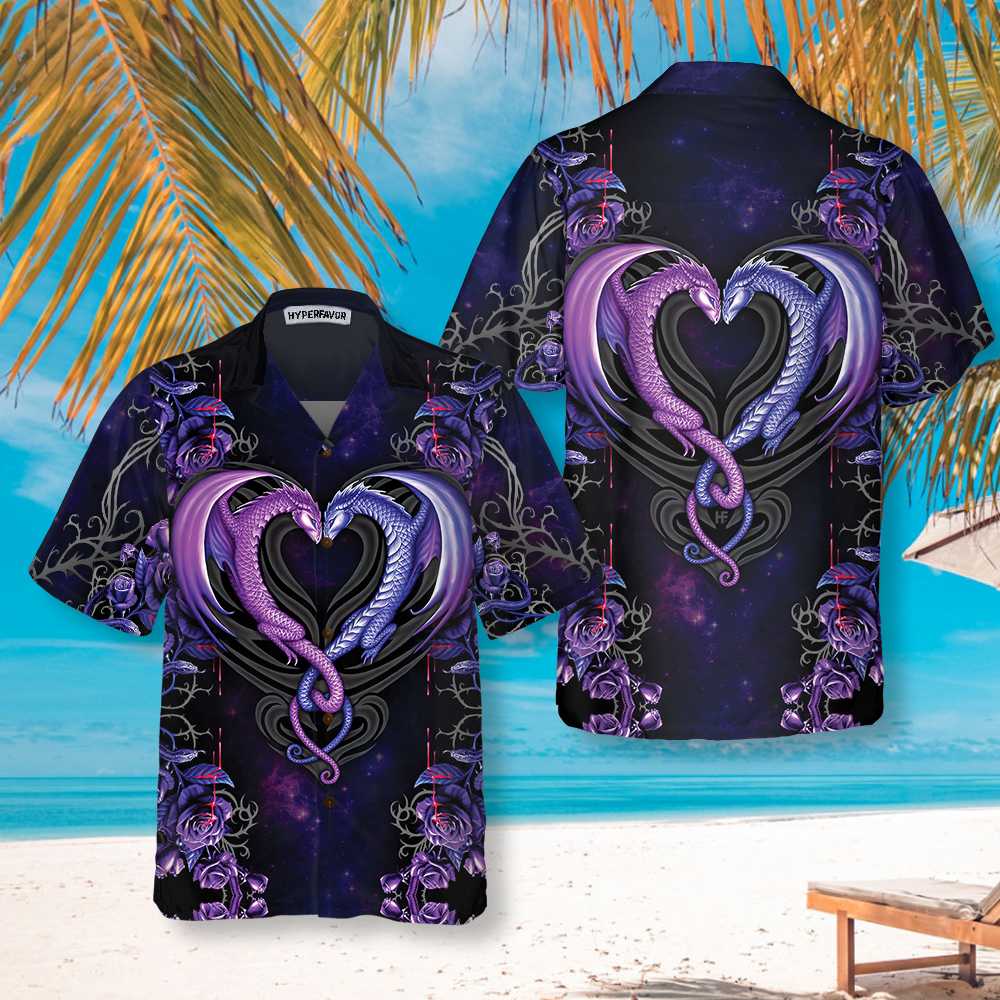 Dragons  The Love Flower Hawaiian Shirt Unique Shirt With Dragon Couple And Roses Aloha Shirt For Men and Women