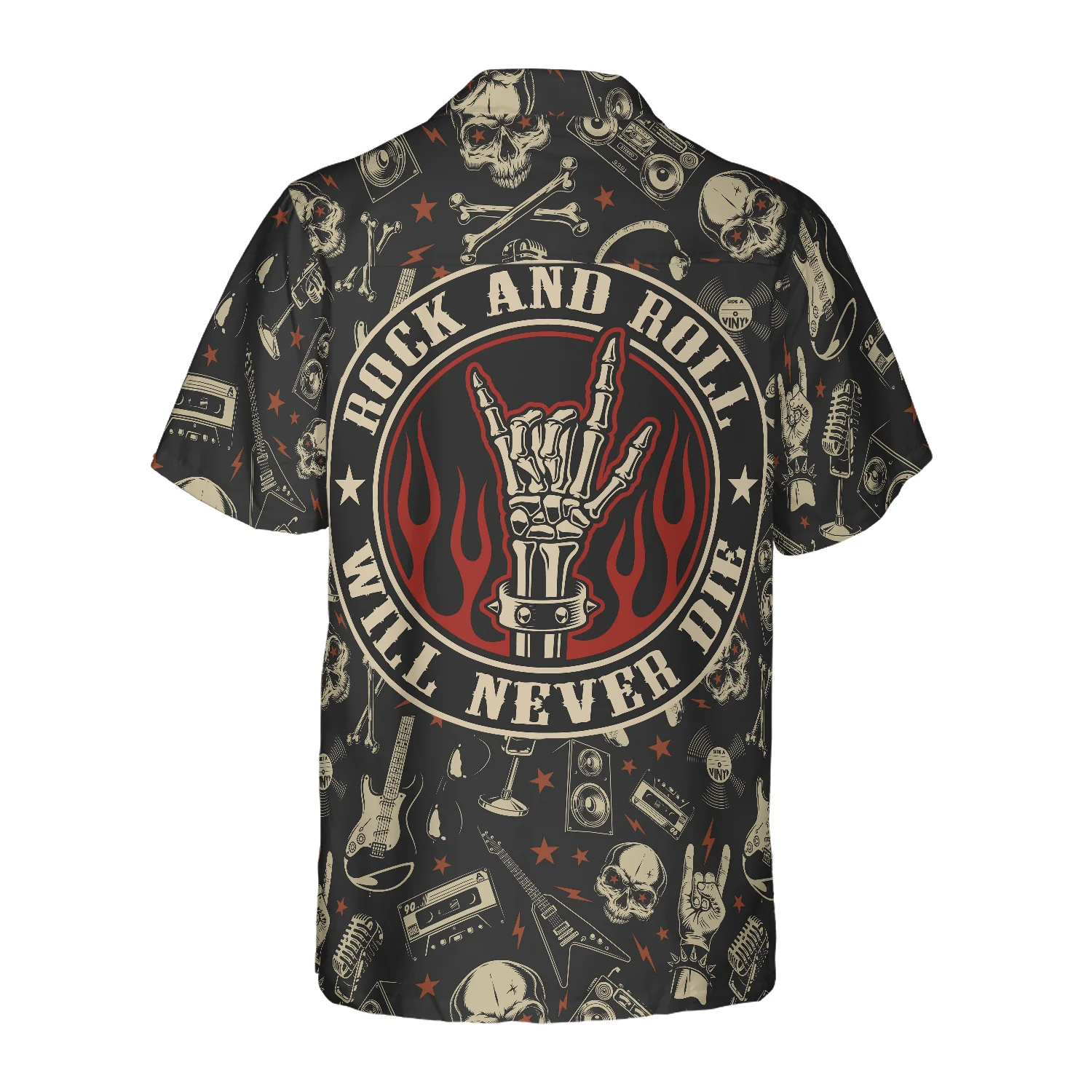 Rock N Roll Will Never Die Hawaiian Shirt Electric Guitar Skull And Crossbones Hawaiian Shirt Aloha Shirt For Men and Women