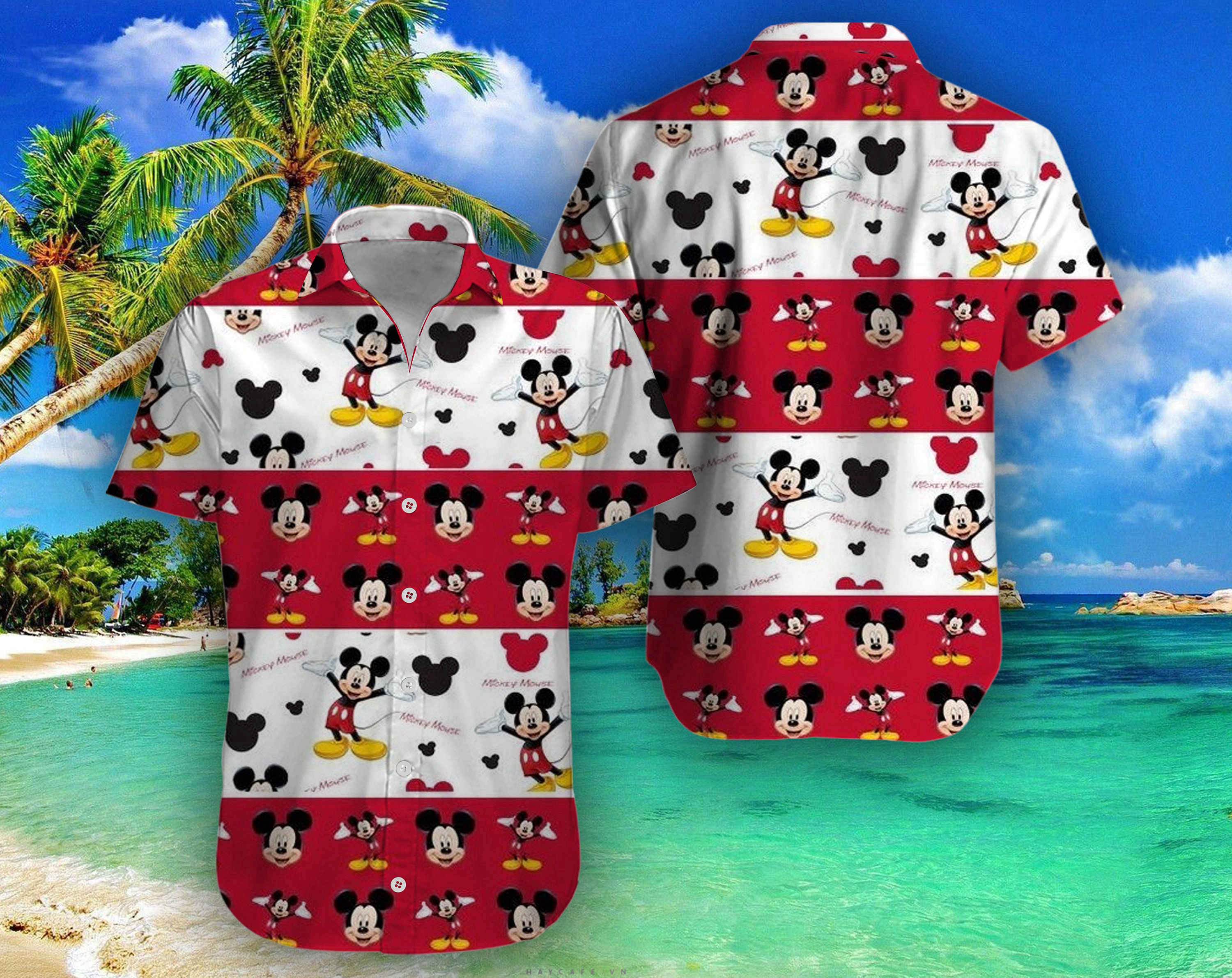 Disney Mickey Mouse Floral Aloha Hawaiian Shirt RED Summer