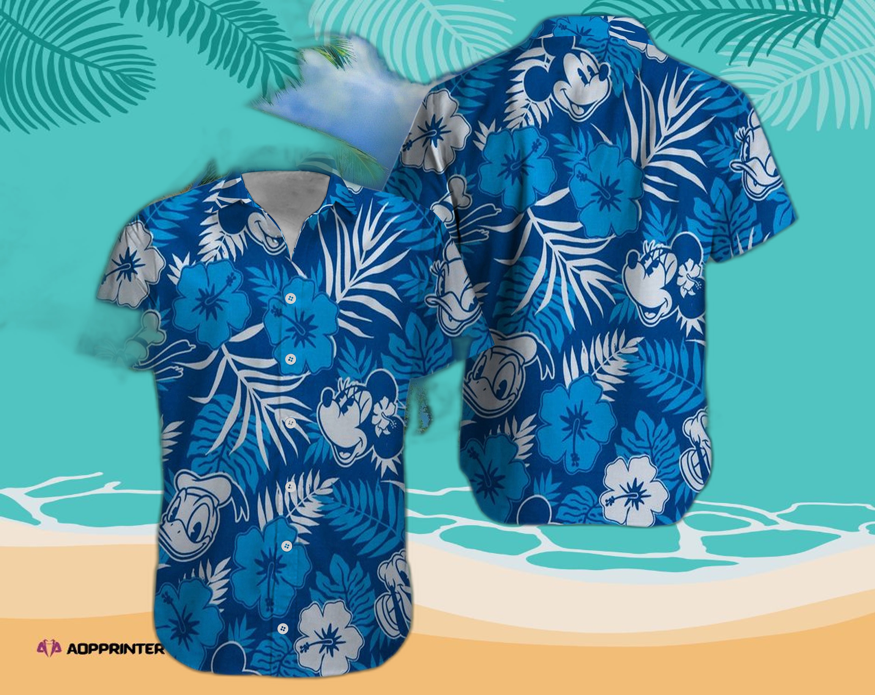 Disney Mickey Mouse Floral Aloha Hawaiian Shirt Tropical Blue