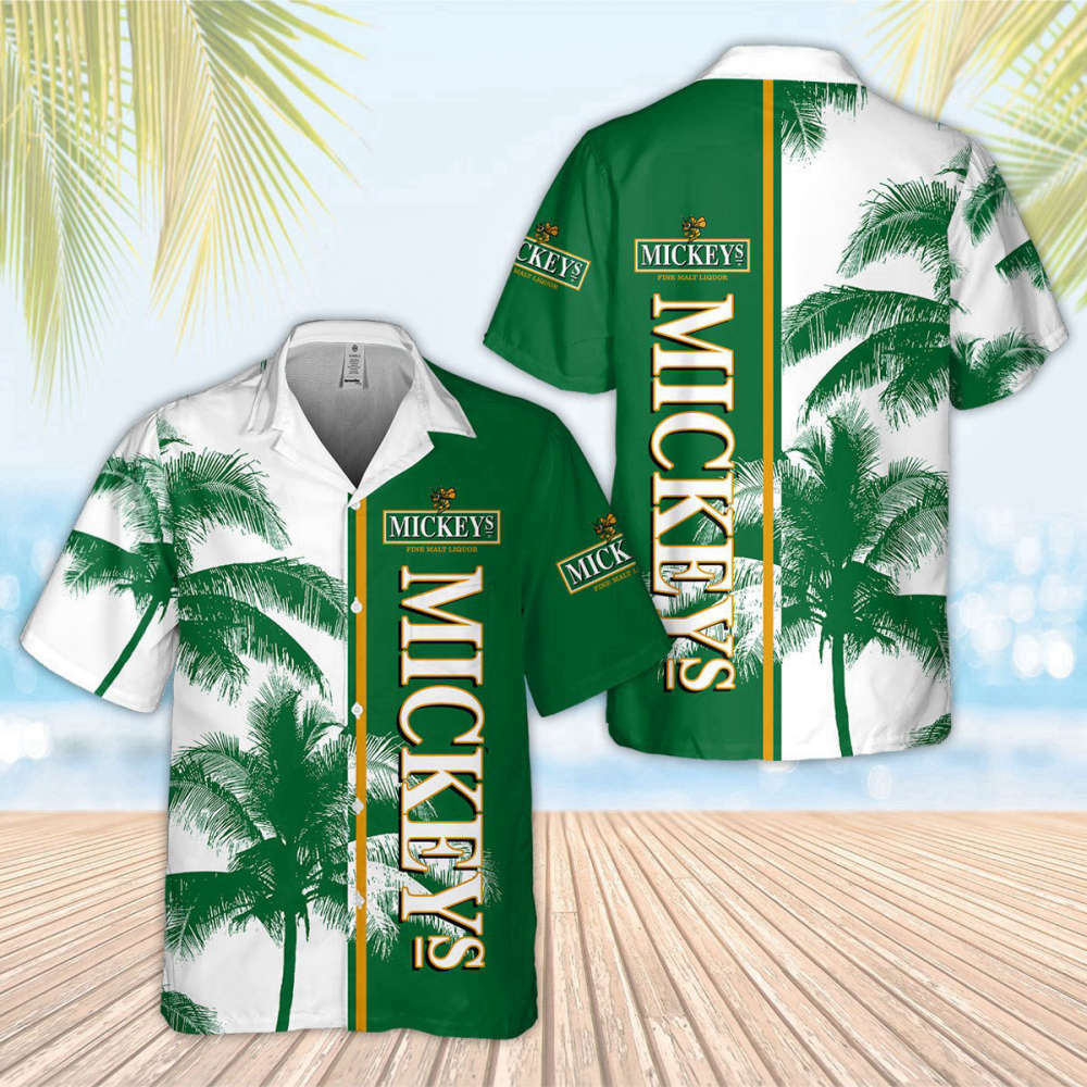 Mickey Fine Malt Liquor Palm Tree Summer Beach Hawaiian Shirt White Green