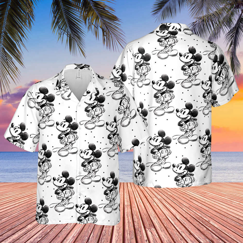 Sketch of Mickey Mouse Disney Inspired Button Down Hawaiian Shirt