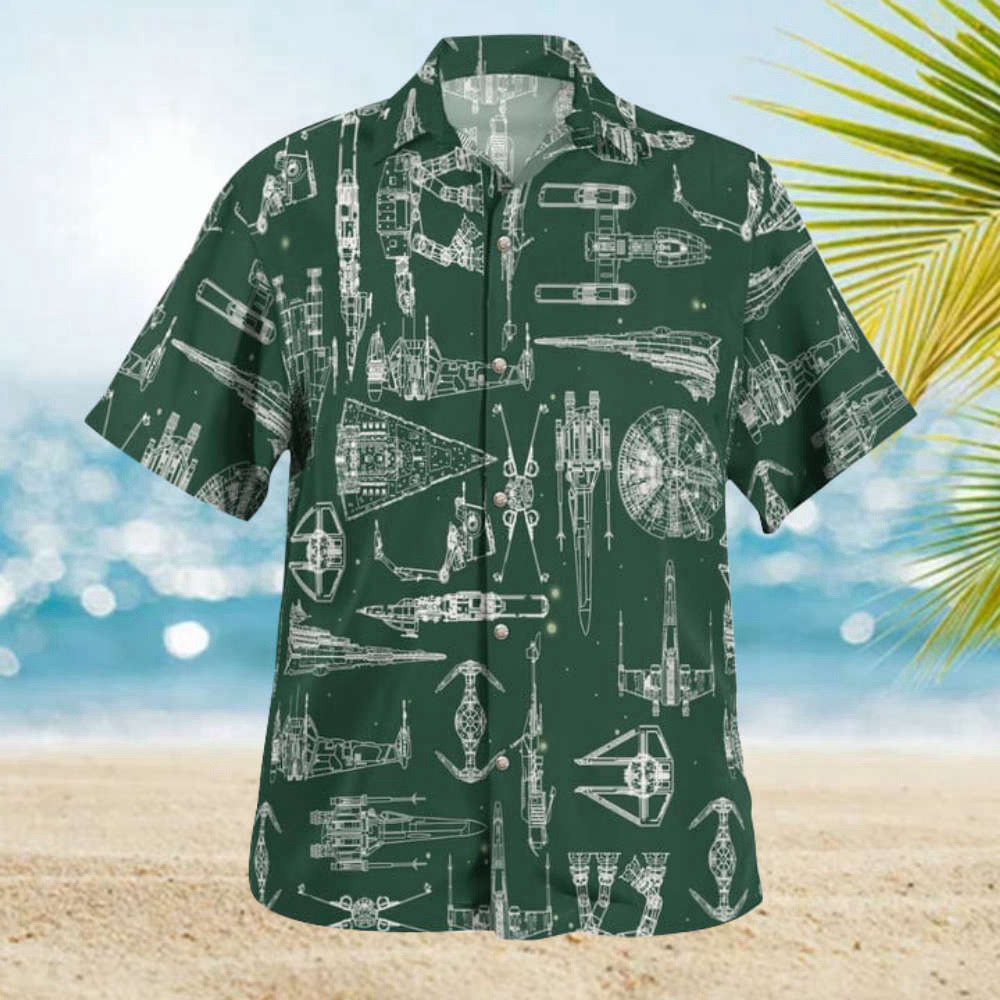 Space Ship Pattern Hawaiian Shirt Green Summer Aloha Shirt For Men Women