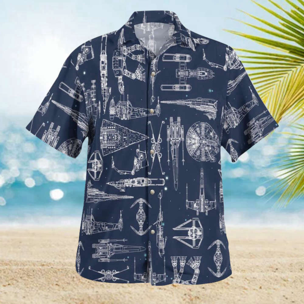 Space Ship Pattern Hawaiian Shirt Navy Summer Aloha Shirt For Men Women