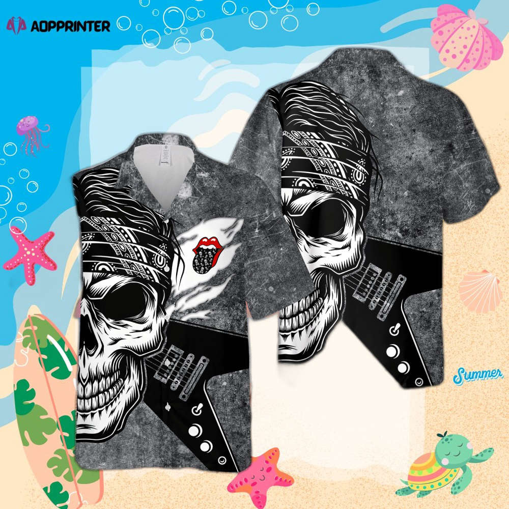 The Rolling Stones Rock n Roll Skull And Guitar Hawaiian Shirt