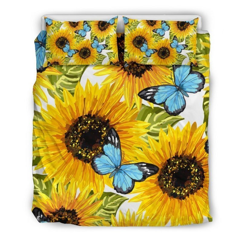 Blue Butterfly Sunflower Duvet Cover Set - Bedding Set