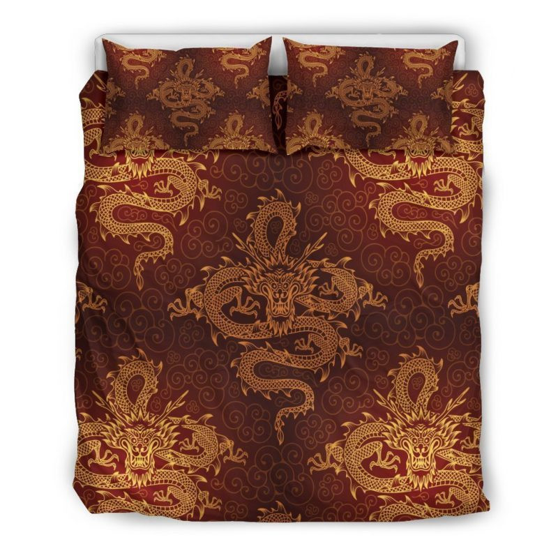 Gold Chinese Dragon Pattern Print Duvet Cover Set - Bedding Set