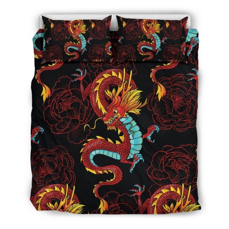 Red Dragon Lotus Duvet Cover Set - Bedding Set