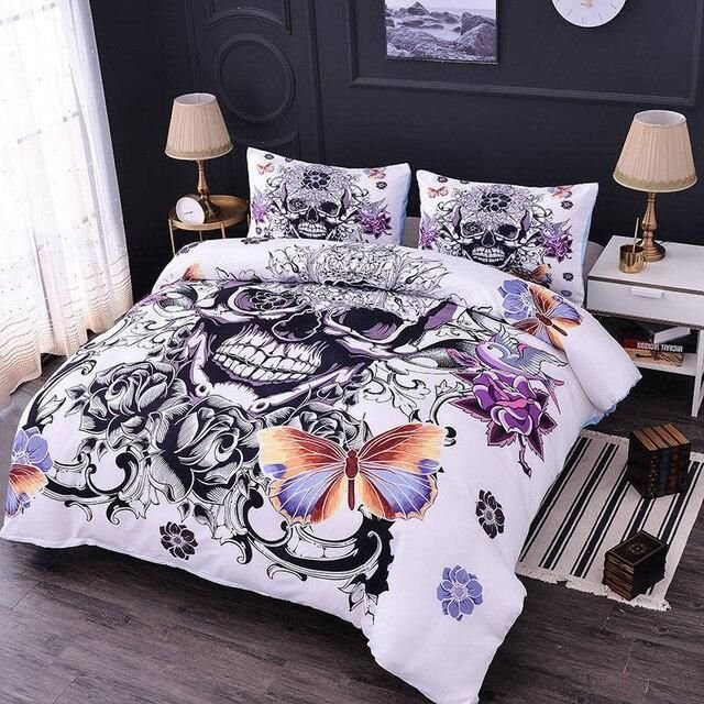 3D Skull Flowers And Butterfly Duvet Cover Set - Bedding Set