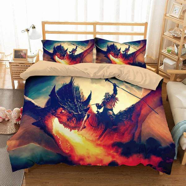 Dragon Fire Breath Fantasy Warrior Duvet Cover Set - Bedding Set