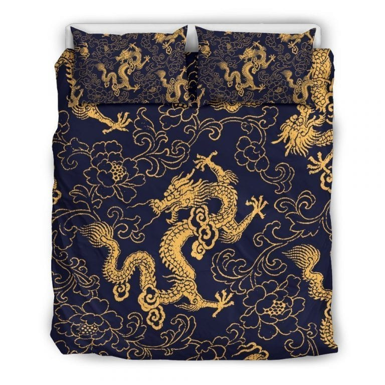 Gold Japanese Dragon Duvet Cover Set - Bedding Set