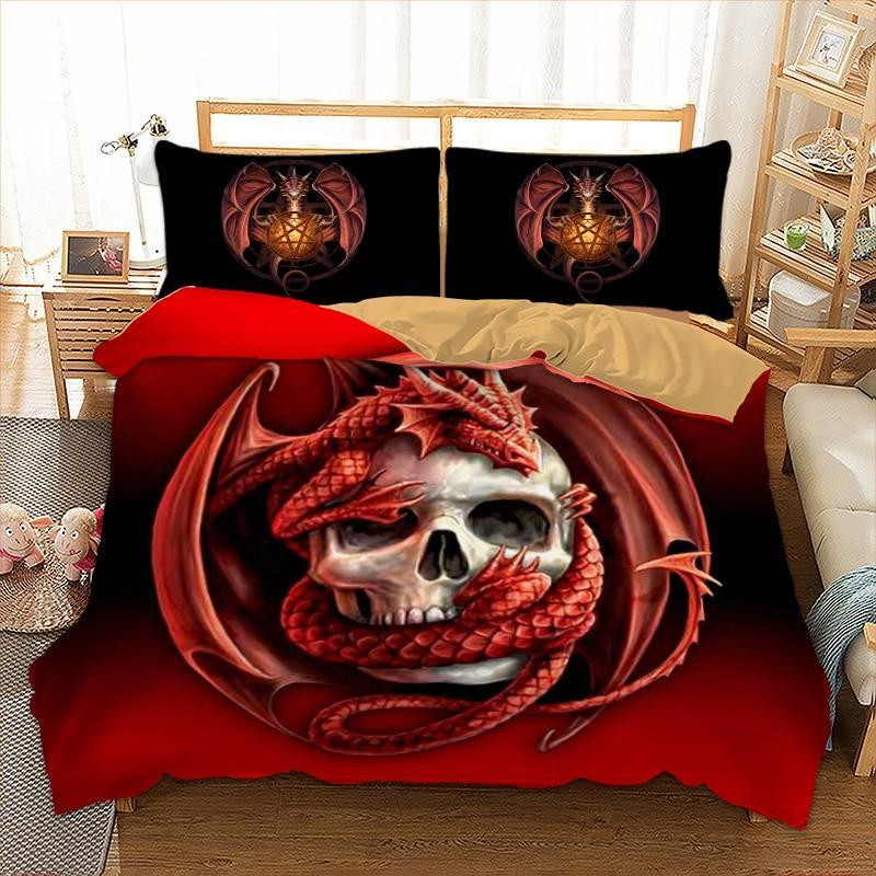 Skull And Dragon Red Duvet Cover Set - Bedding Set