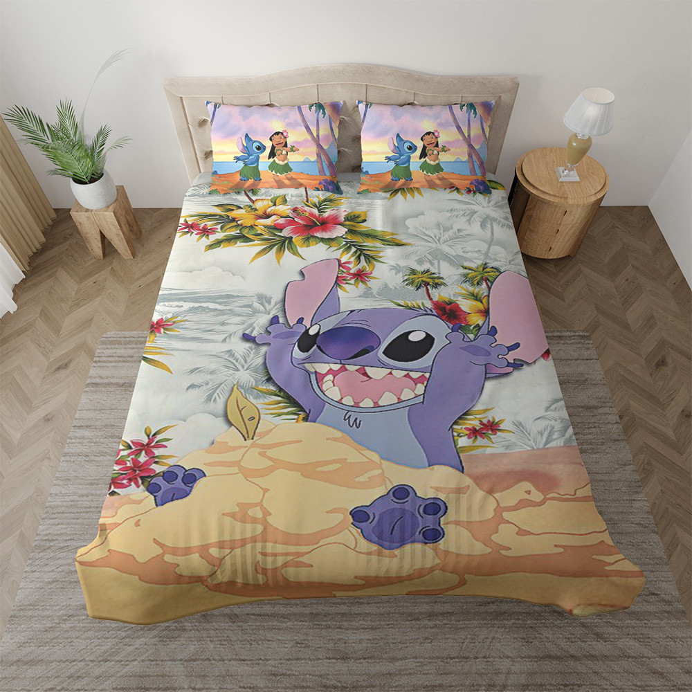 Disney Lilo and Stitch Dancing On The Beach Stitch Hawaiian Tropical Flower Duvet Cover Set - Bedding Set