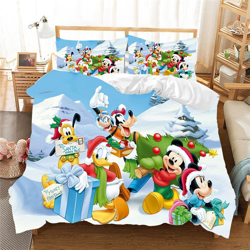 Merry Christmas Disney Mickey Mouse Minnie Mouse Donald Duck Goofy Duvet Cover Set - Bedding Set