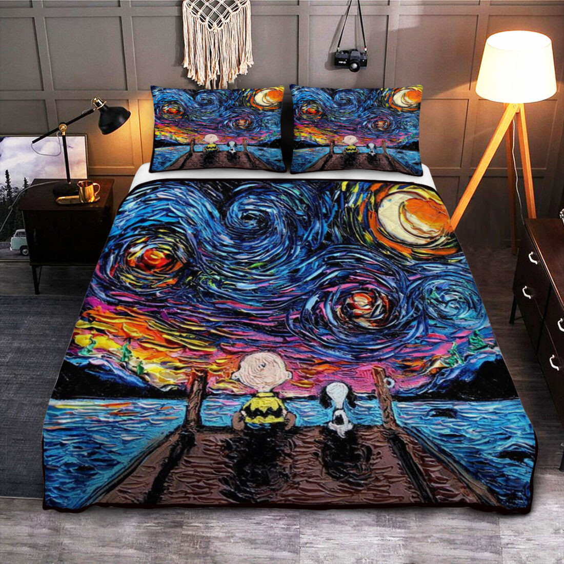 For Snoopy Charlie Brown Starry Night Lover Snoopy Duvet Cover Set - Bedding Set