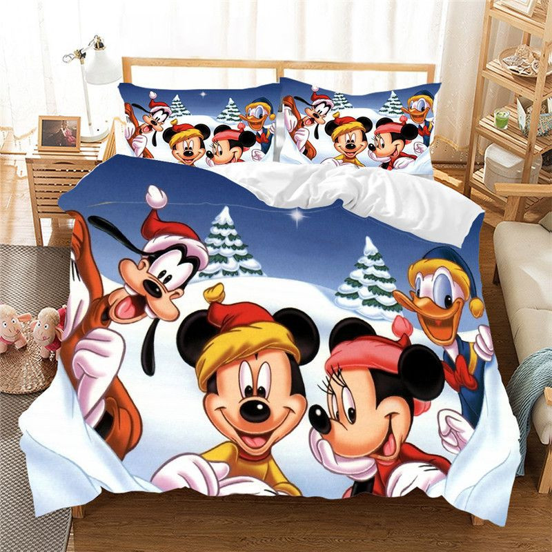 Merry Christmas Disney Mickey Mouse And Minnie Mouse Goofy Donald Duck Duvet Cover Set - Bedding Set