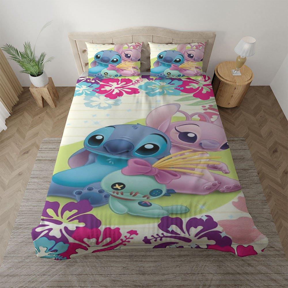 Lilo and Stitch Disney Stitch and Angel Tropical Flower Valentines Day Duvet Cover Set - Bedding Set