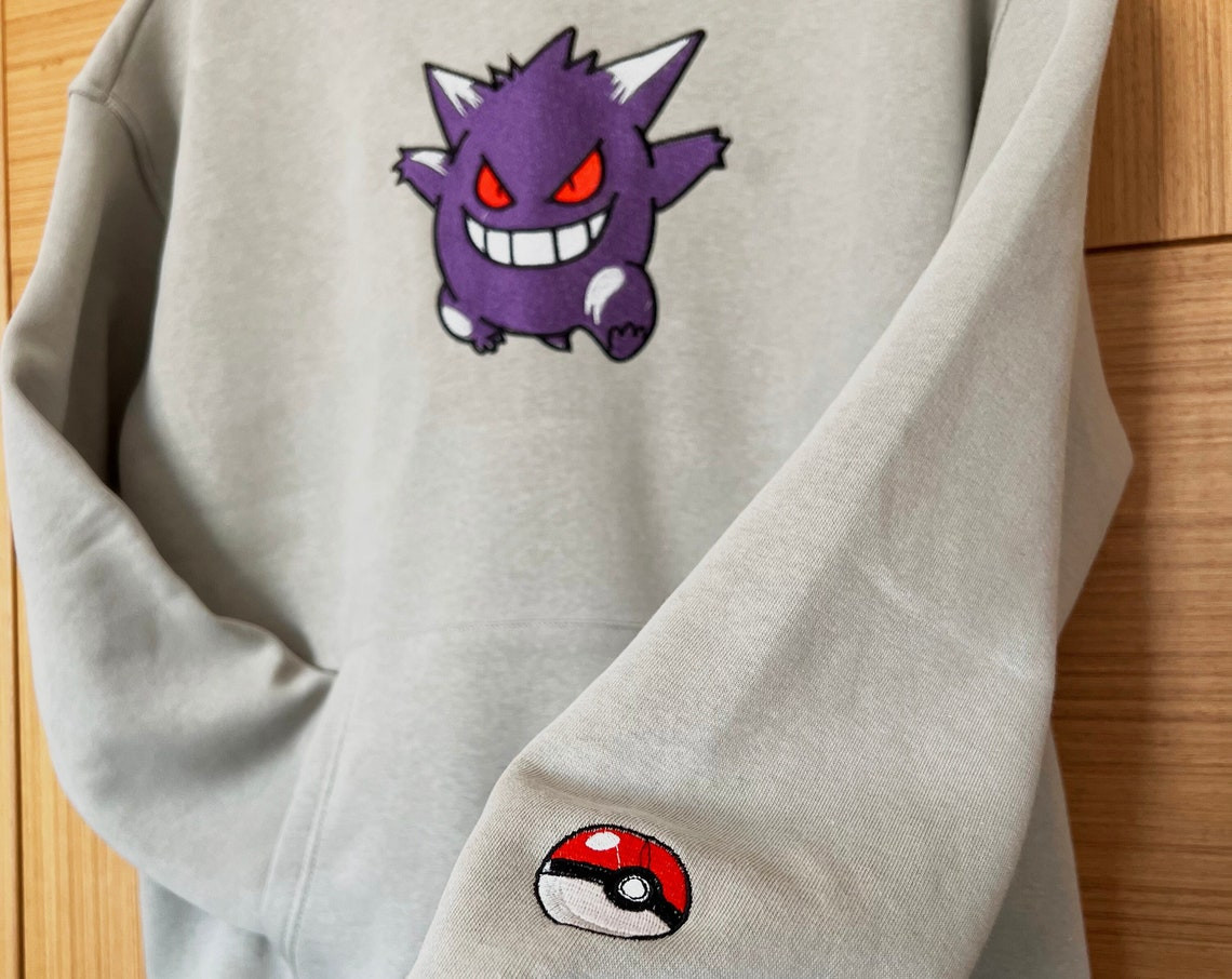 Pokemon Gengar Embroidered Sweatshirt Hoodie Embroidered Sweatshirt Pokemon Gengar Embroidery Pokemon Gengar High Quality Unisex