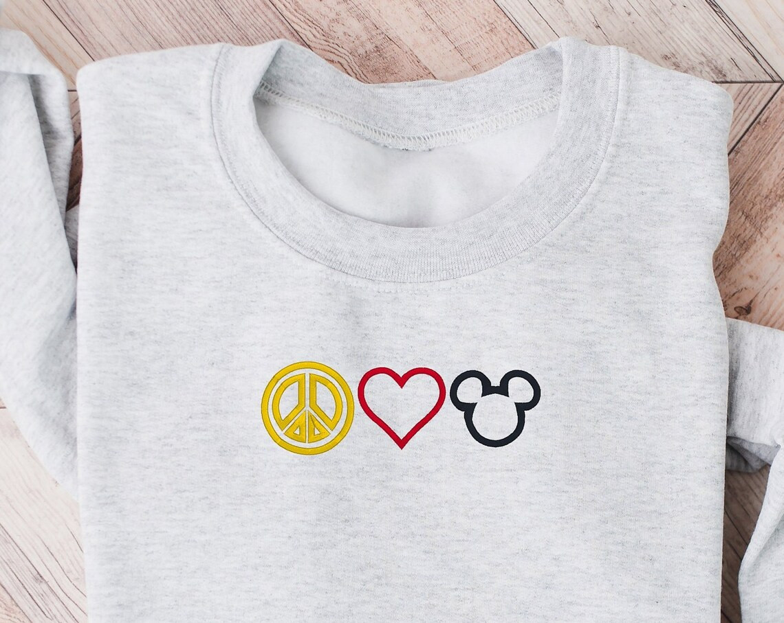 Disney Peace Love Mickey Embroidered Crewneck Disney Embroidered Sweatshirt Disney World Crewneck Womens Disney Crewneck