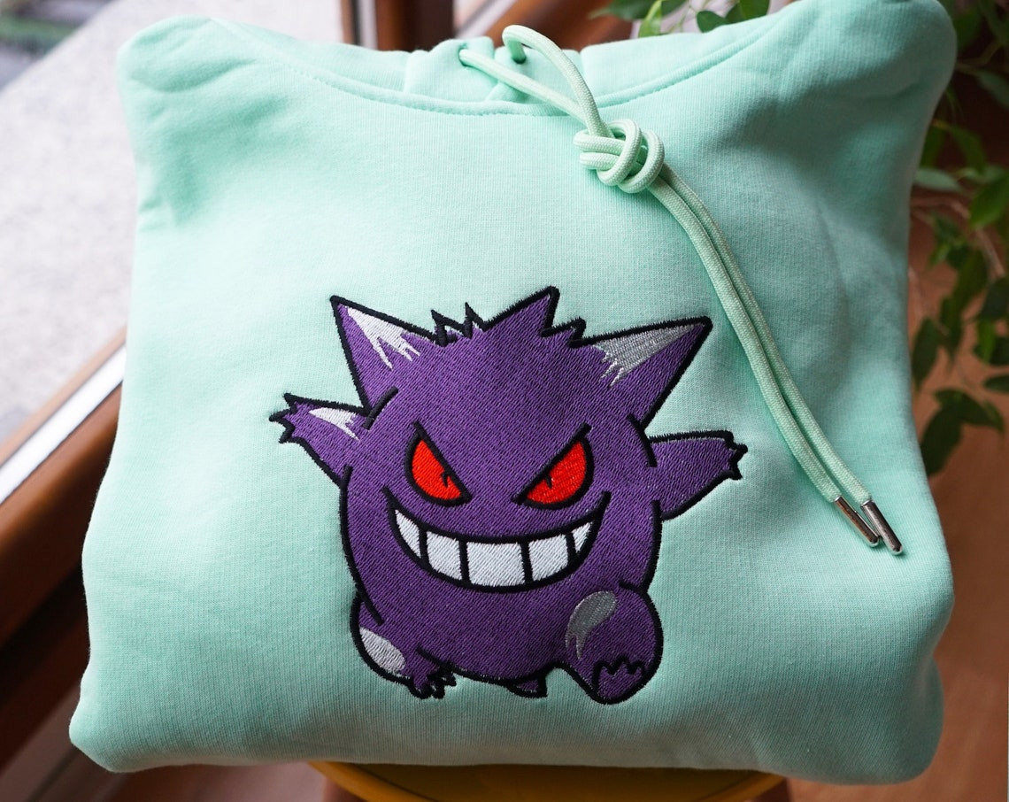 Pokemon Gengar Embroidered Sweatshirt Hoodie Embroidered Sweatshirt Pokemon Gengar Embroidery Pokemon Gengar High Quality Unisex