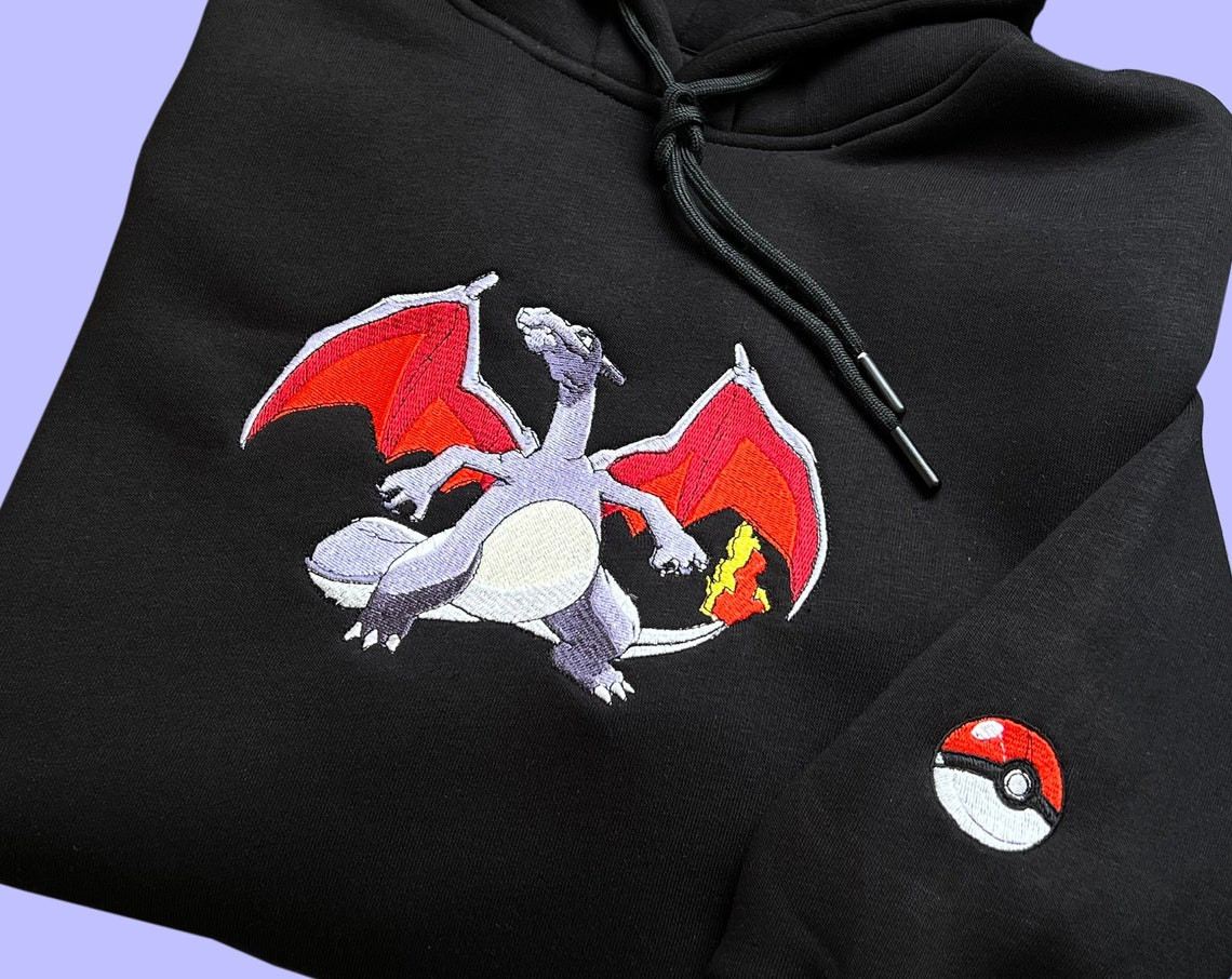 Pokemon Shiny Charizard Embroidered Hoodie Pokemon Embroidered Sweatshirt Pokemon Embroidery Vintage Hoodies Pokemon Custom Sweatshirt