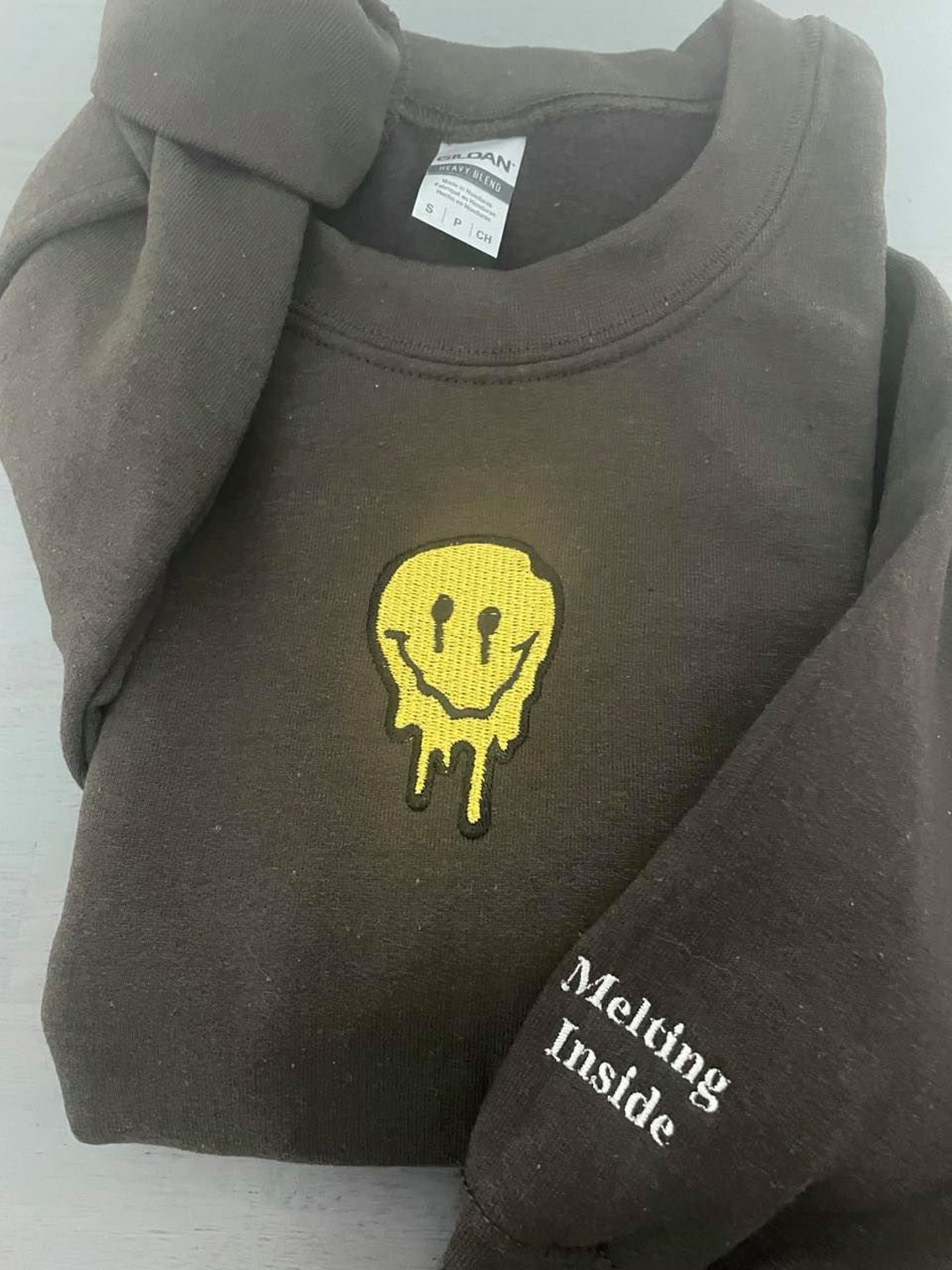 Melted Smiley Embroidered Sweatshirt Vintage Embroidery Design Custom Vintage Crewneck