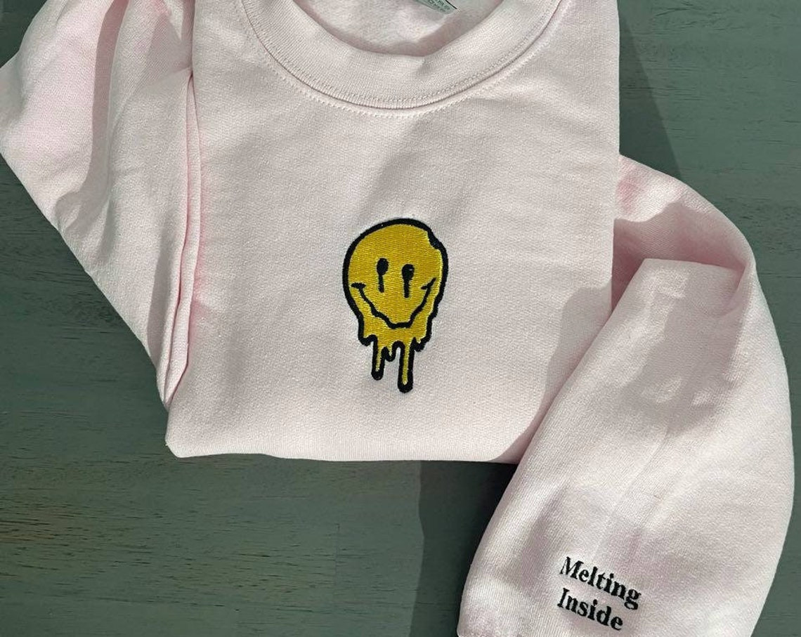 Melted Smiley Embroidered Sweatshirt Vintage Embroidery Design Custom Vintage Crewneck