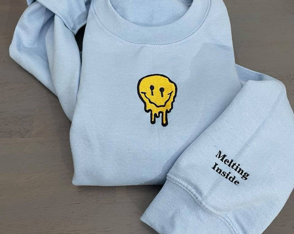 Melted Smiley Embroidered Sweatshirt Vintage Embroidery Design Custom Vintage Crewneck