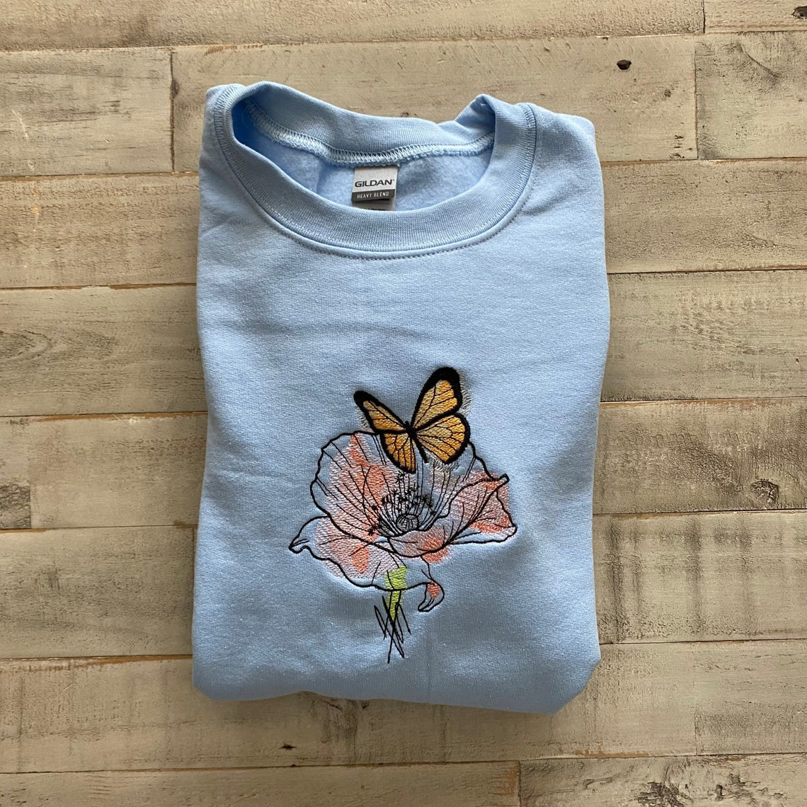 Butterfly And Poppy Embroidered Crewneck Butterfly Sweatshirt Trendy Crewneck