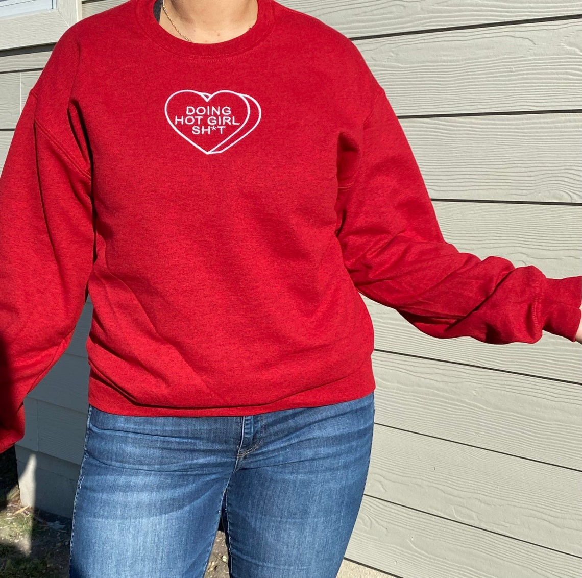 Red Crewneck Doing Hot Girl Sht Sweatshirt With Hearts Valentines Day Gift Idea For Her