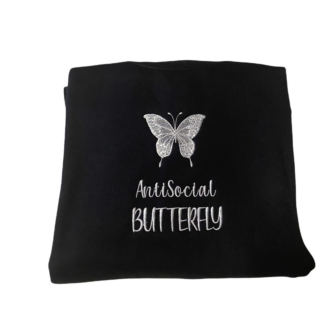 Antisocial Butterfly Sweatshirt Embroidered Butterfly Design Crewneck Vintage Sweater Minimalist Cute Trendy Hoodie