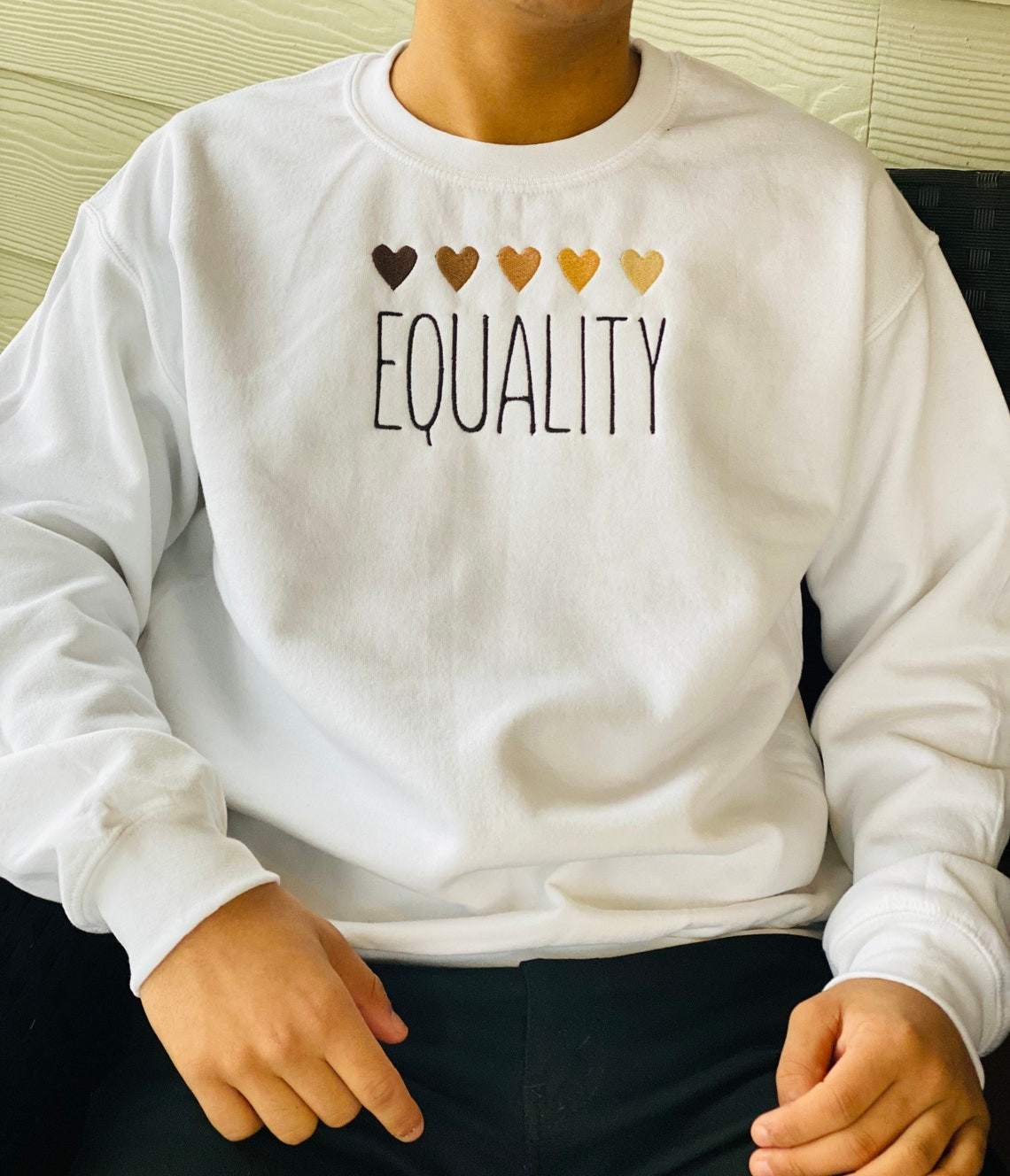 Human Equality Crewneck Equal Rights Pride Anti Racism Humanity Love Kindness Respect Embroidered Hearts Melanin