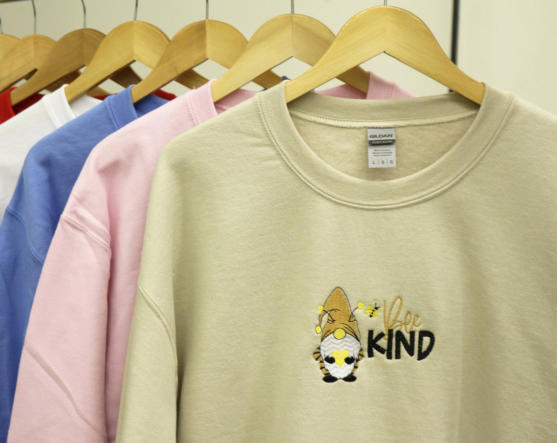 Bee Kind Sweatshirt Embroidered Hoodie Be Kind Hooded Sweatshirt Cute Sweatshirt Gnome Shirt Embroidered Crewneck Sweatshirt