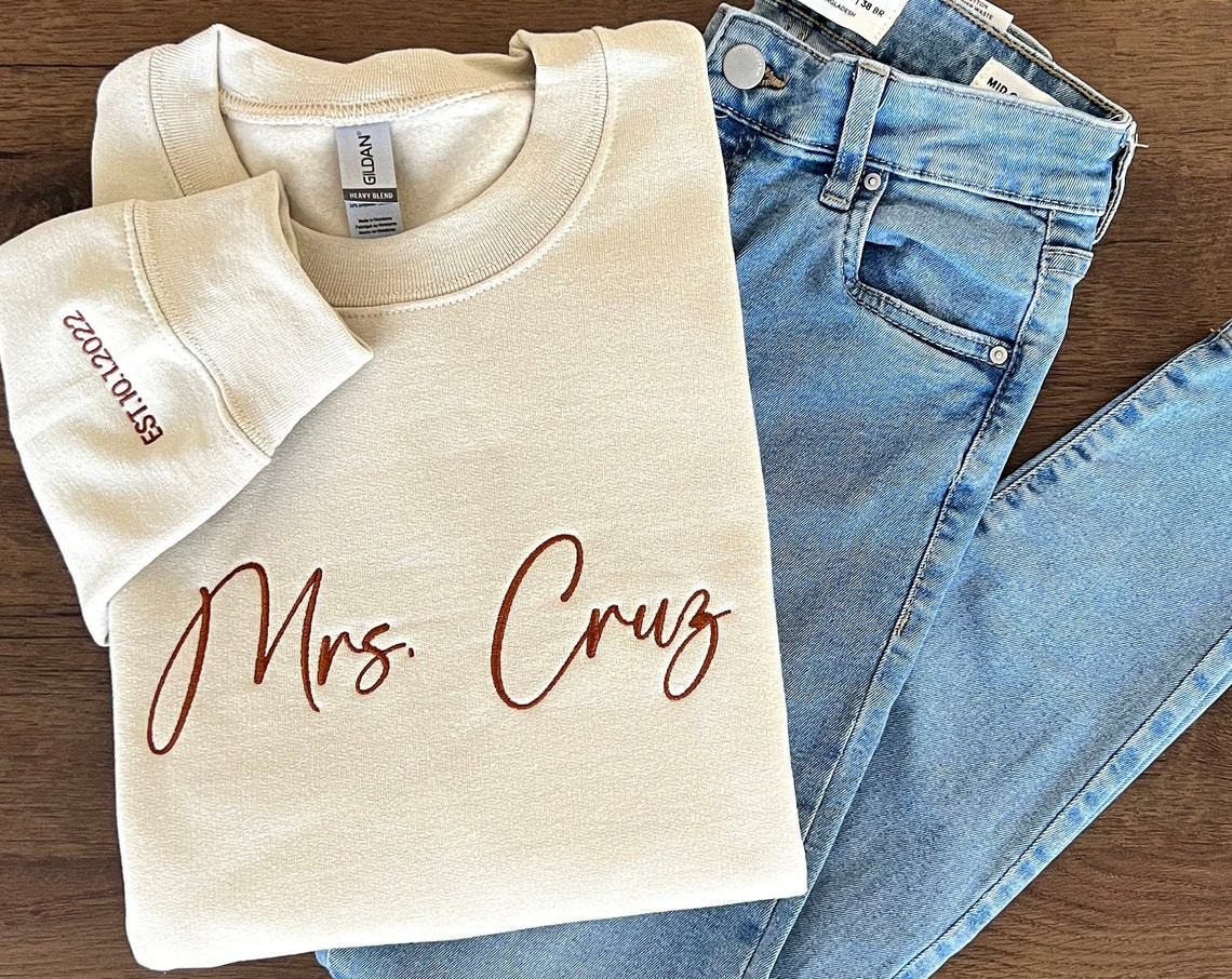 Custom Mrs Embroidered Sweatshirt Date On Sleeve Personalized Gift For Bride Wife Shirt Future Mrs Hoodie Engagement Gift Bride To Be