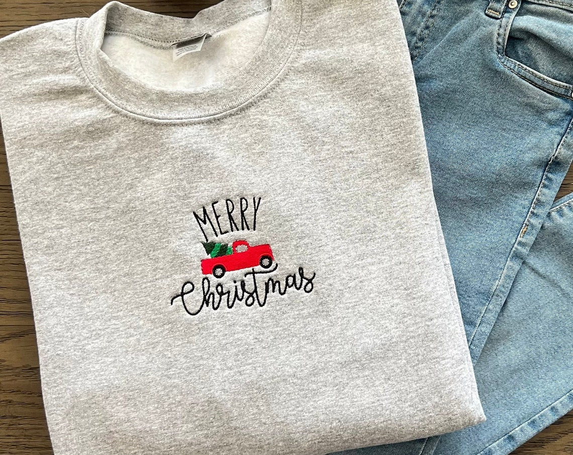 Merry Christmas Sweatshirt Embroidered Shirt Christmas Truck Shirt Holiday Shirt Pajama Top Christmas Trees Family Christmas Shirts