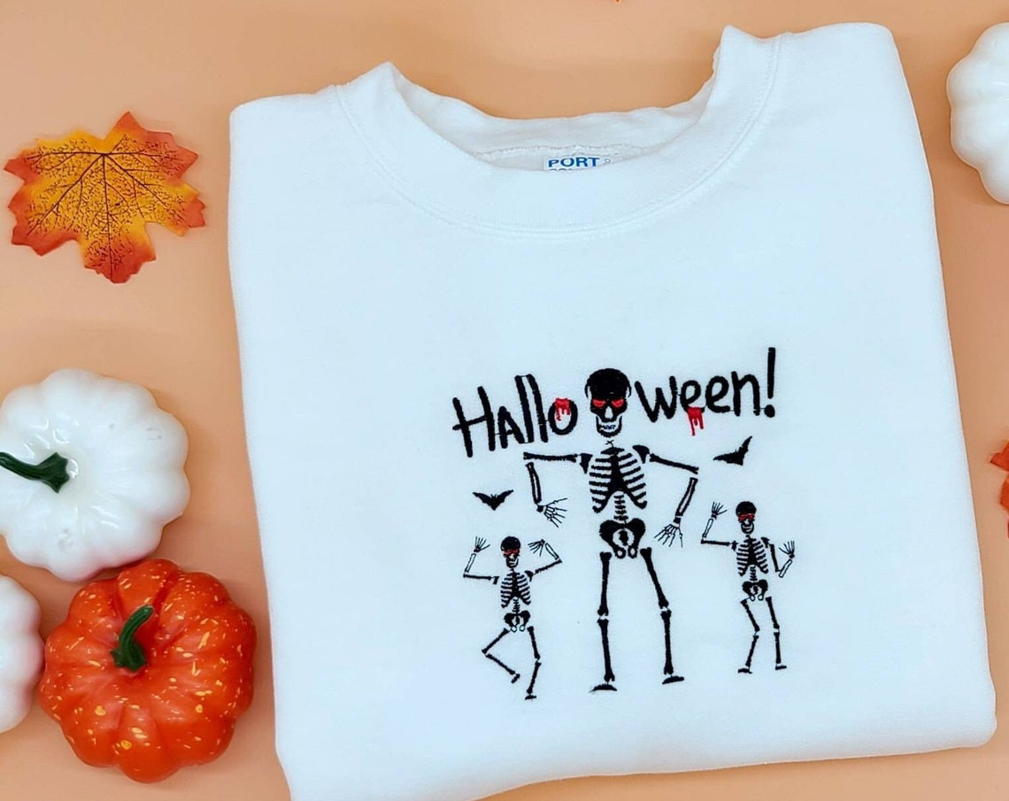 Halloween Embroidered Sweatshirt Spooky Season Sweatshirt Halloween Dancing Skelaton