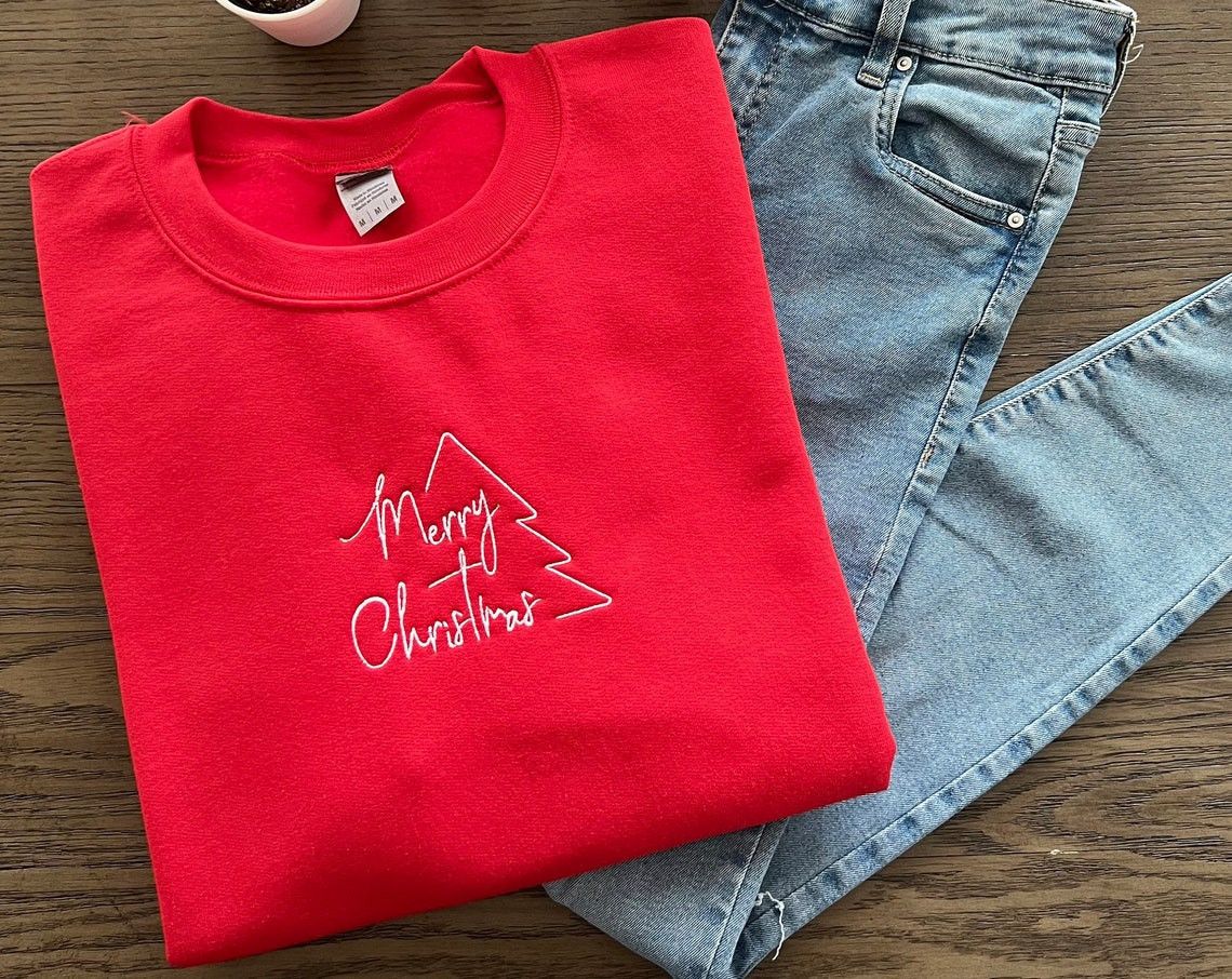 Merry Christmas Sweatshirt Embroidered Shirt Christmas Tree Shirt Holiday Shirt Pajama Top Christmas Trees Family Christmas Shirts