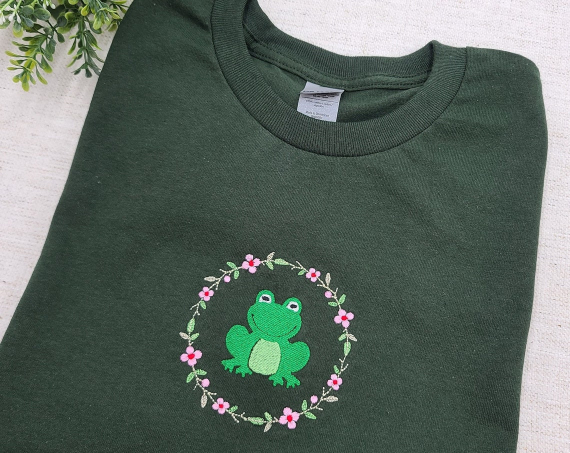 Cute Frog Embroidered Tshirt Frog Lovers Trendy Summer Tshirt Gift Tshirt Frog Shirts