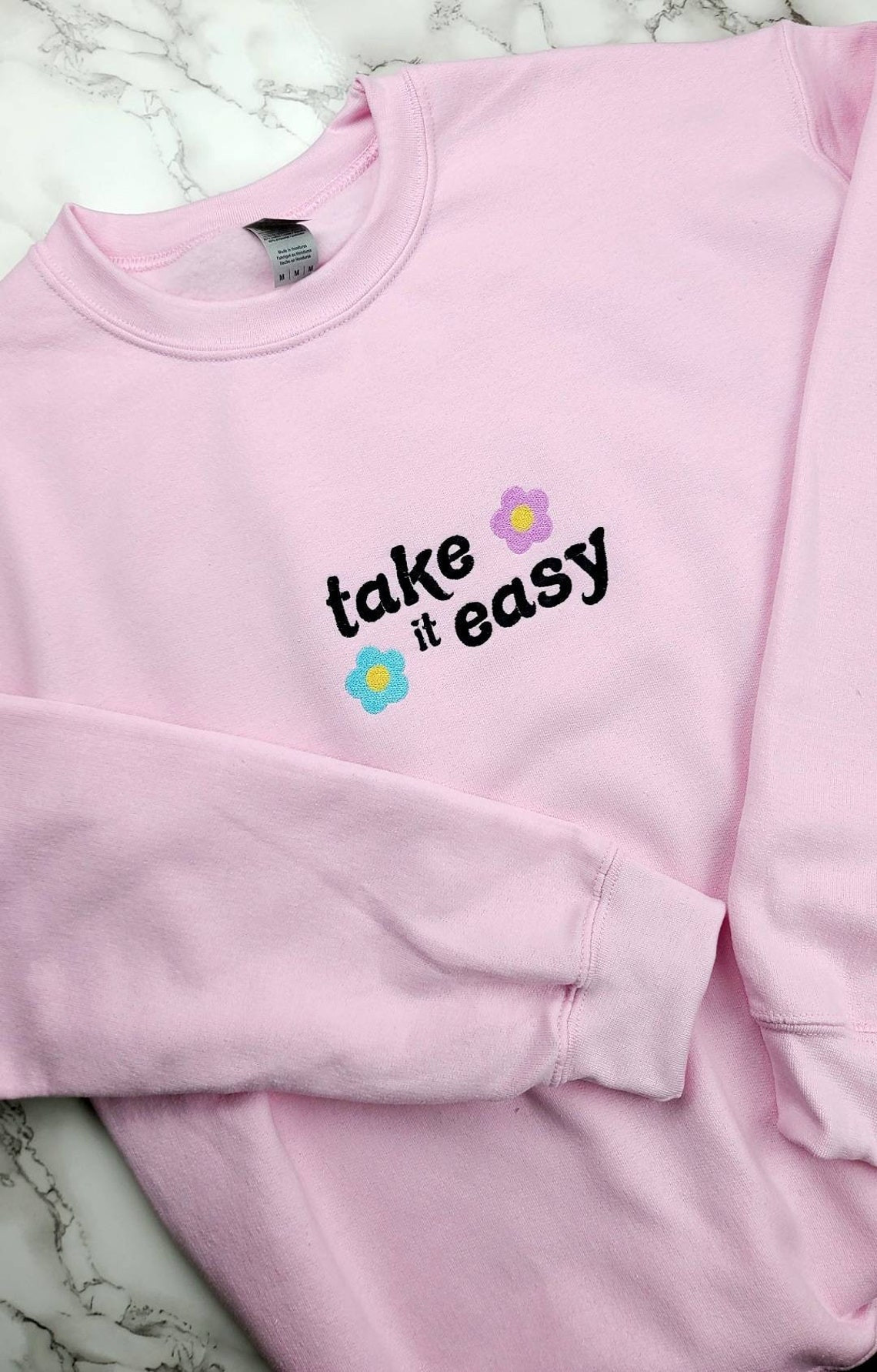 Take It Easy Embroidered Sweatshirt Crewneck Pink Embroidered Sweatshirts Crewneck