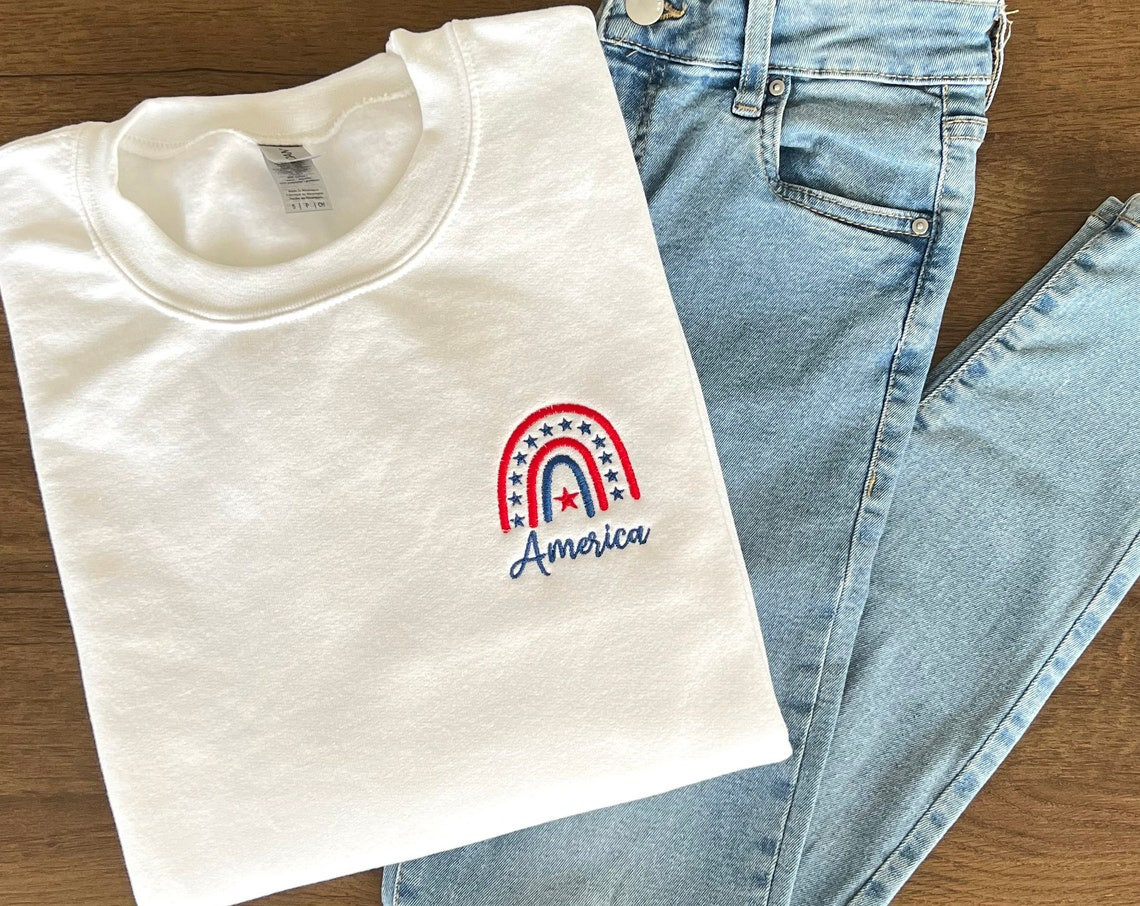 Custom 4Th Of July Sweatshirt Embroidered America Shirt Usa Flag Shirt Rainbow American Hoodie Independence Day Personalized Sweatshirt