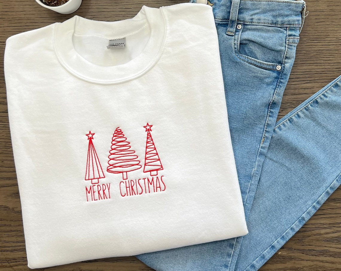 Merry Christmas Sweatshirt Embroidered Shirt Christmas Tree Shirt Holiday Shirt Christmas Trees Pajama Top Family Christmas Shirts