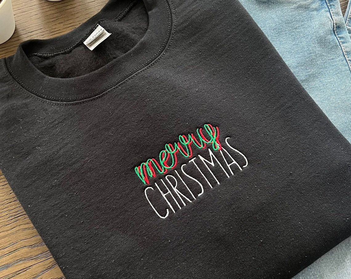 Merry Christmas Sweatshirt Embroidered Shirt Christmas Tree Shirt Retro Sweatashirt Holiday Shirt Pajama Top Family Christmas Shirts